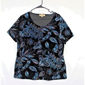 Notations Woman Top Womens 1X Black Velvet Floral Glitter Party Shirt Glamorous